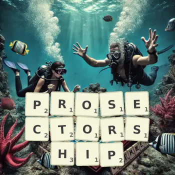 Creative illustration for a Scrabble game with the word PROSECTORSHIP spelled out in tiles on the board.