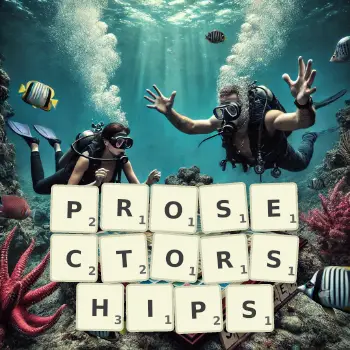 Creative illustration for a Scrabble game with the word PROSECTORSHIPS spelled out in tiles on the board.
