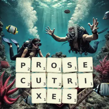 Creative illustration for a Scrabble game with the word PROSECUTRIXES spelled out in tiles on the board.