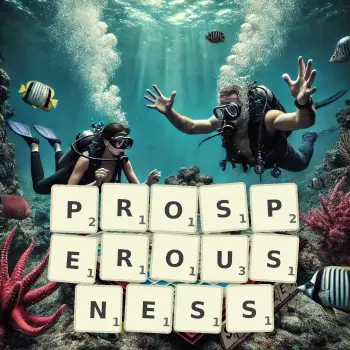 Creative illustration for a Scrabble game with the word PROSPEROUSNESS spelled out in tiles on the board.