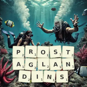 Creative illustration for a Scrabble game with the word PROSTAGLANDINS spelled out in tiles on the board.