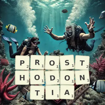 Creative illustration for a Scrabble game with the word PROSTHODONTIA spelled out in tiles on the board.