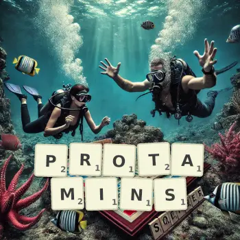 Creative illustration for a Scrabble game with the word PROTAMINS spelled out in tiles on the board.