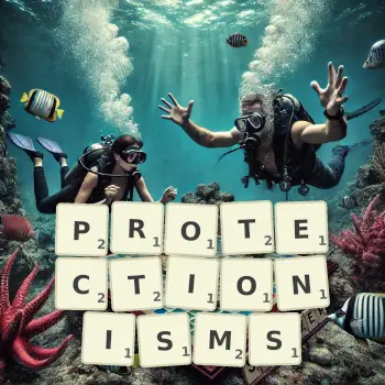 Creative illustration for a Scrabble game with the word PROTECTIONISMS spelled out in tiles on the board.