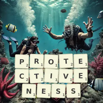 Creative illustration for a Scrabble game with the word PROTECTIVENESS spelled out in tiles on the board.