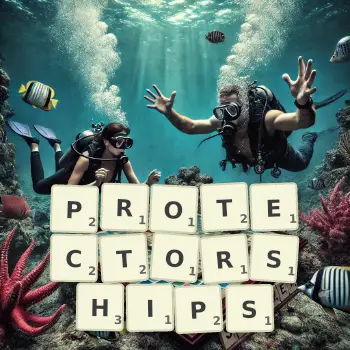 Creative illustration for a Scrabble game with the word PROTECTORSHIPS spelled out in tiles on the board.