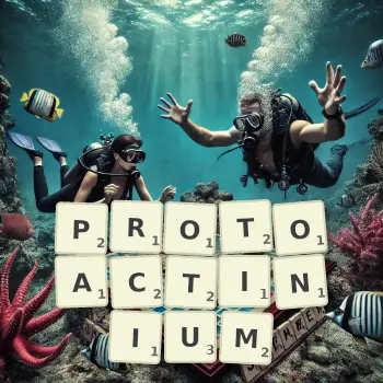 Creative illustration for a Scrabble game with the word PROTOACTINIUM spelled out in tiles on the board.