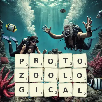 Creative illustration for a Scrabble game with the word PROTOZOOLOGICAL spelled out in tiles on the board.