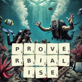 Creative illustration for a Scrabble game with the word PROVERBIALISE spelled out in tiles on the board.