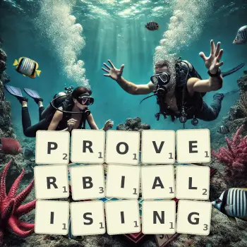 Creative illustration for a Scrabble game with the word PROVERBIALISING spelled out in tiles on the board.
