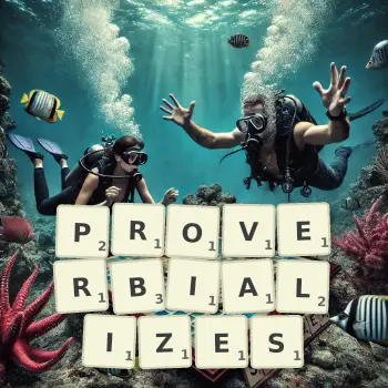 Creative illustration for a Scrabble game with the word PROVERBIALIZES spelled out in tiles on the board.