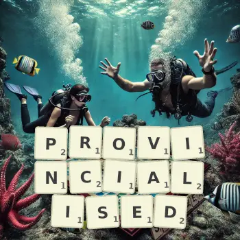Creative illustration for a Scrabble game with the word PROVINCIALISED spelled out in tiles on the board.