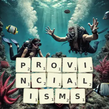 Creative illustration for a Scrabble game with the word PROVINCIALISMS spelled out in tiles on the board.