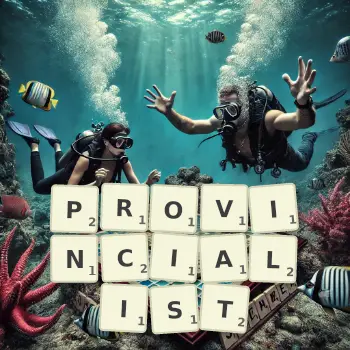 Creative illustration for a Scrabble game with the word PROVINCIALIST spelled out in tiles on the board.
