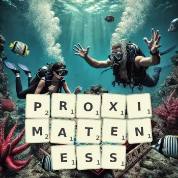 Creative illustration for a Scrabble game with the word PROXIMATENESS spelled out in tiles on the board.