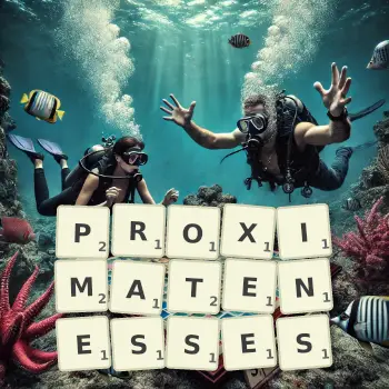 Creative illustration for a Scrabble game with the word PROXIMATENESSES spelled out in tiles on the board.