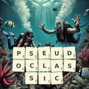 Creative illustration for a Scrabble game with the word PSEUDOCLASSIC spelled out in tiles on the board.