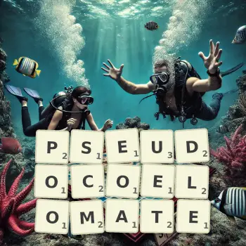 Creative illustration for a Scrabble game with the word PSEUDOCOELOMATE spelled out in tiles on the board.