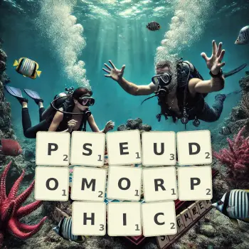 Creative illustration for a Scrabble game with the word PSEUDOMORPHIC spelled out in tiles on the board.