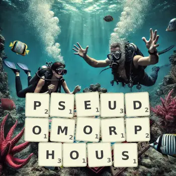Creative illustration for a Scrabble game with the word PSEUDOMORPHOUS spelled out in tiles on the board.