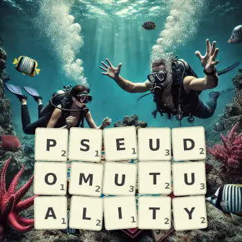 Creative illustration for a Scrabble game with the word PSEUDOMUTUALITY spelled out in tiles on the board.