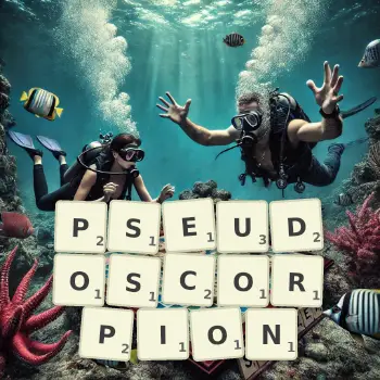 Creative illustration for a Scrabble game with the word PSEUDOSCORPION spelled out in tiles on the board.
