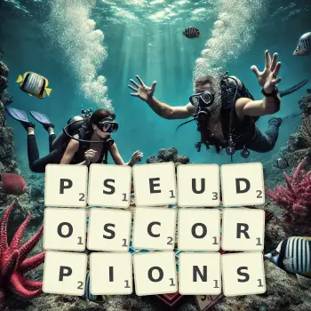 Creative illustration for a Scrabble game with the word PSEUDOSCORPIONS spelled out in tiles on the board.