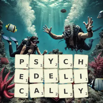 Creative illustration for a Scrabble game with the word PSYCHEDELICALLY spelled out in tiles on the board.