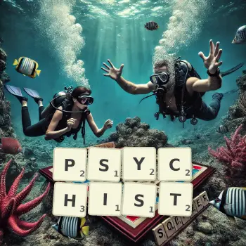 Creative illustration for a Scrabble game with the word PSYCHIST spelled out in tiles on the board.