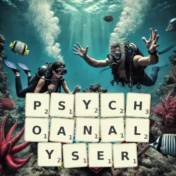Creative illustration for a Scrabble game with the word PSYCHOANALYSER spelled out in tiles on the board.