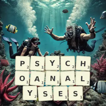 Creative illustration for a Scrabble game with the word PSYCHOANALYSES spelled out in tiles on the board.