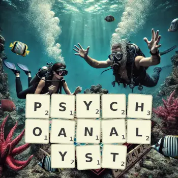 Creative illustration for a Scrabble game with the word PSYCHOANALYST spelled out in tiles on the board.
