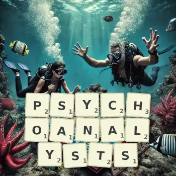 Creative illustration for a Scrabble game with the word PSYCHOANALYSTS spelled out in tiles on the board.