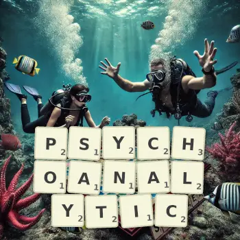 Creative illustration for a Scrabble game with the word PSYCHOANALYTIC spelled out in tiles on the board.