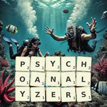 Creative illustration for a Scrabble game with the word PSYCHOANALYZERS spelled out in tiles on the board.