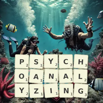 Creative illustration for a Scrabble game with the word PSYCHOANALYZING spelled out in tiles on the board.