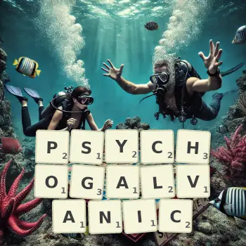 Creative illustration for a Scrabble game with the word PSYCHOGALVANIC spelled out in tiles on the board.