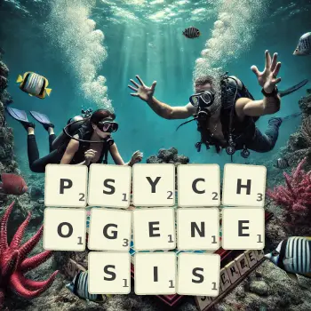 Creative illustration for a Scrabble game with the word PSYCHOGENESIS spelled out in tiles on the board.
