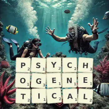 Creative illustration for a Scrabble game with the word PSYCHOGENETICAL spelled out in tiles on the board.