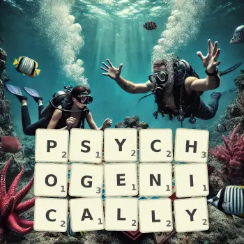 Creative illustration for a Scrabble game with the word PSYCHOGENICALLY spelled out in tiles on the board.