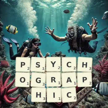 Creative illustration for a Scrabble game with the word PSYCHOGRAPHIC spelled out in tiles on the board.