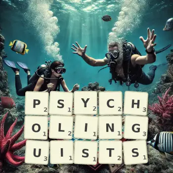 Creative illustration for a Scrabble game with the word PSYCHOLINGUISTS spelled out in tiles on the board.
