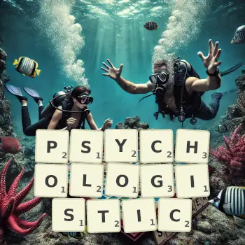 Creative illustration for a Scrabble game with the word PSYCHOLOGISTIC spelled out in tiles on the board.
