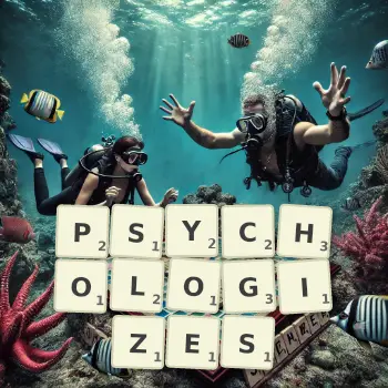 Creative illustration for a Scrabble game with the word PSYCHOLOGIZES spelled out in tiles on the board.