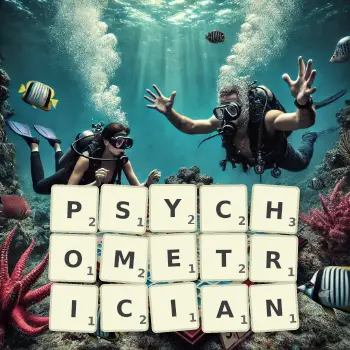 Creative illustration for a Scrabble game with the word PSYCHOMETRICIAN spelled out in tiles on the board.