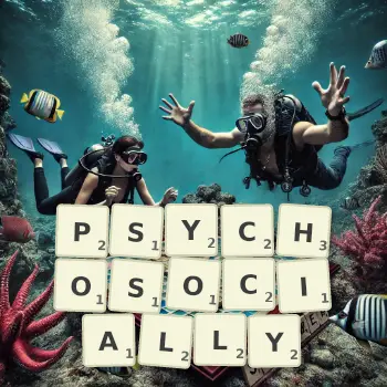 Creative illustration for a Scrabble game with the word PSYCHOSOCIALLY spelled out in tiles on the board.