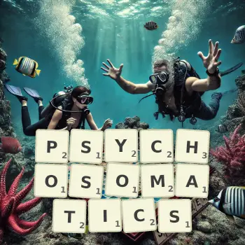 Creative illustration for a Scrabble game with the word PSYCHOSOMATICS spelled out in tiles on the board.
