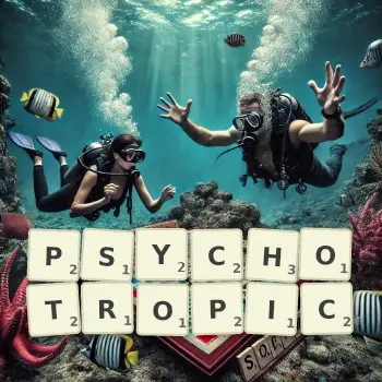 Creative illustration for a Scrabble game with the word PSYCHOTROPIC spelled out in tiles on the board.