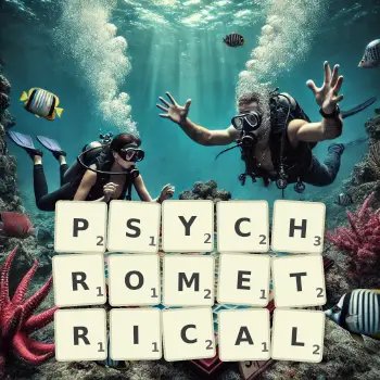 Creative illustration for a Scrabble game with the word PSYCHROMETRICAL spelled out in tiles on the board.
