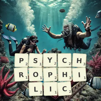 Creative illustration for a Scrabble game with the word PSYCHROPHILIC spelled out in tiles on the board.